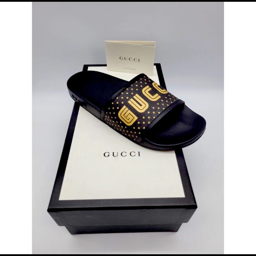 Gucci X Sega Supreme Canvas Guccy Star Women's Slide Sandals Size 38 NWT